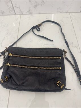 Elliott Lucca Black Woven Leather Crossbody with Gold Hardware